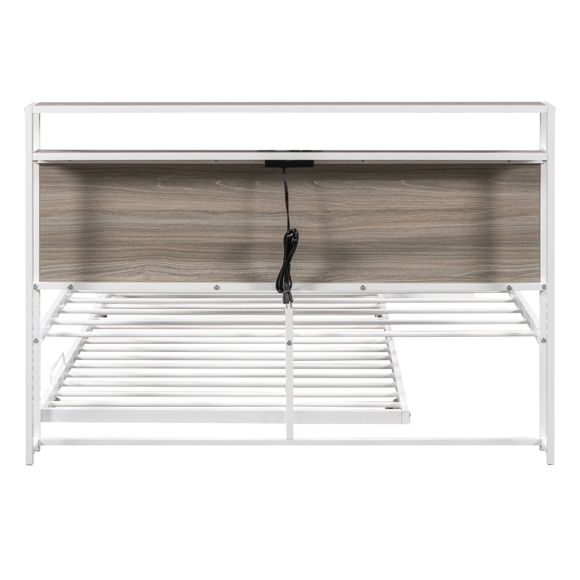 Full Size Metal Platform Bed Frame with Trundle, USB Ports and Slat Support No Box Spring Needed White - Korvel
