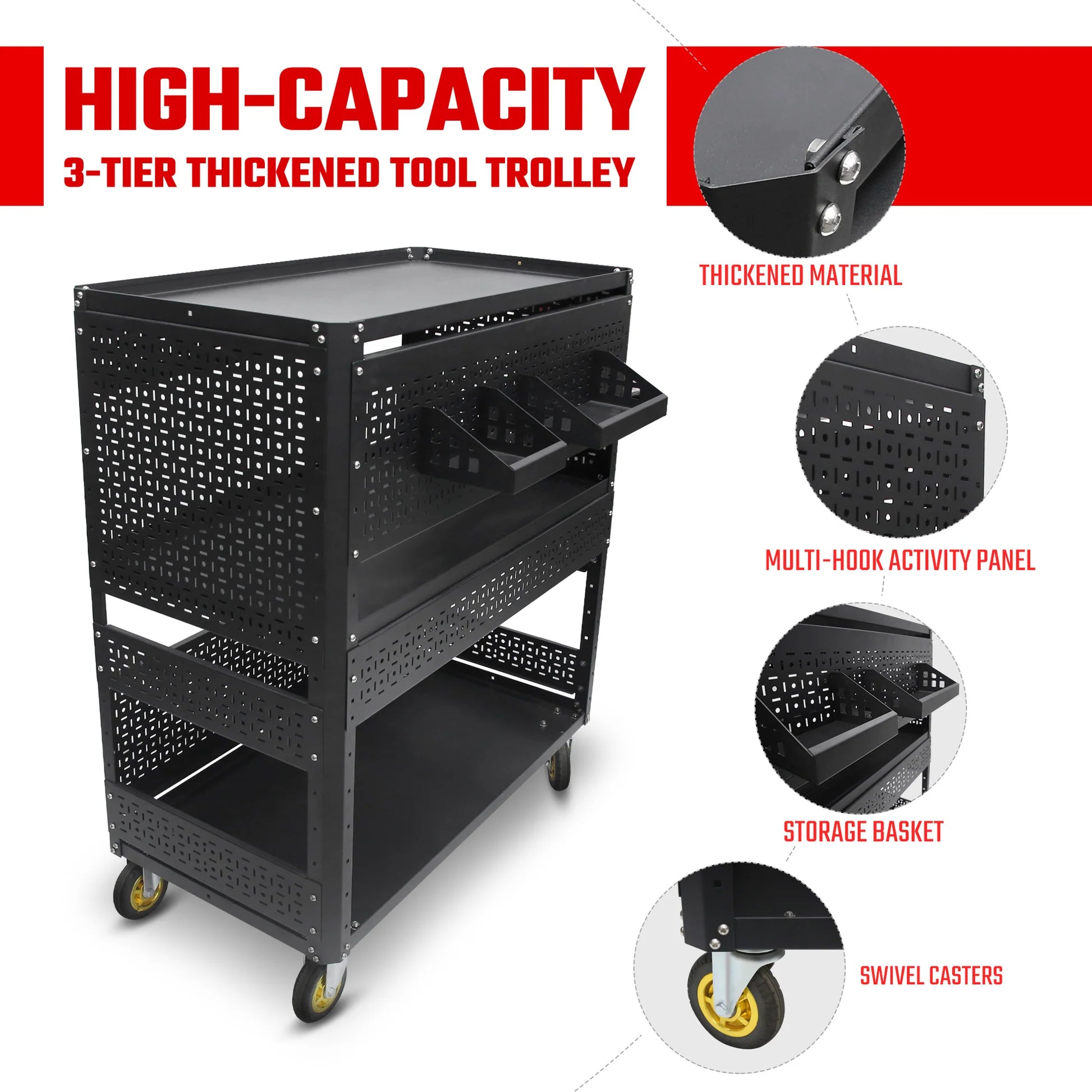 3-Tier Adjustable Rolling Tool Cart | Garage & Workshop Organizer w/ Steel Pegboard - Korvel