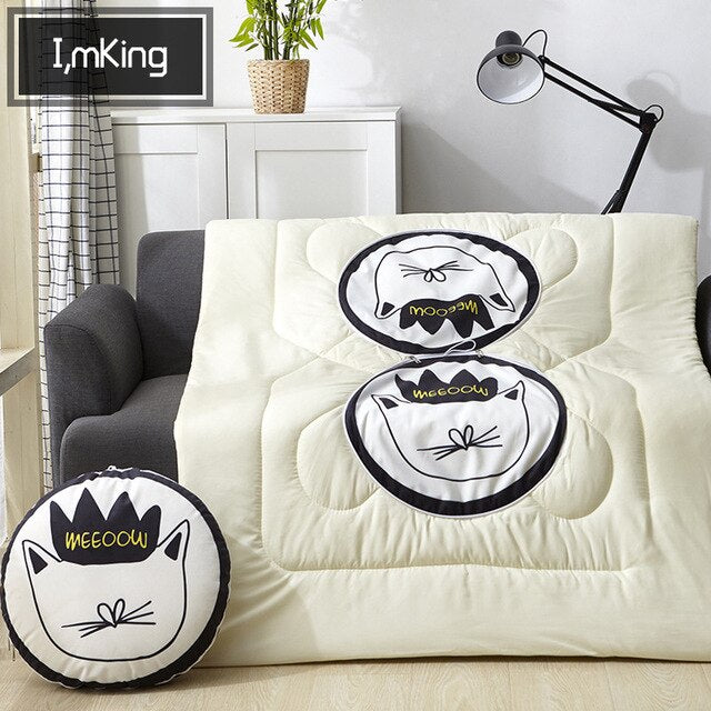 40cm Multifunction Cartoon Cool Cat Plush Round Portable Cushion Blanket Air Conditioning Quilt Throw Pillows for Car Sofa - Korvel