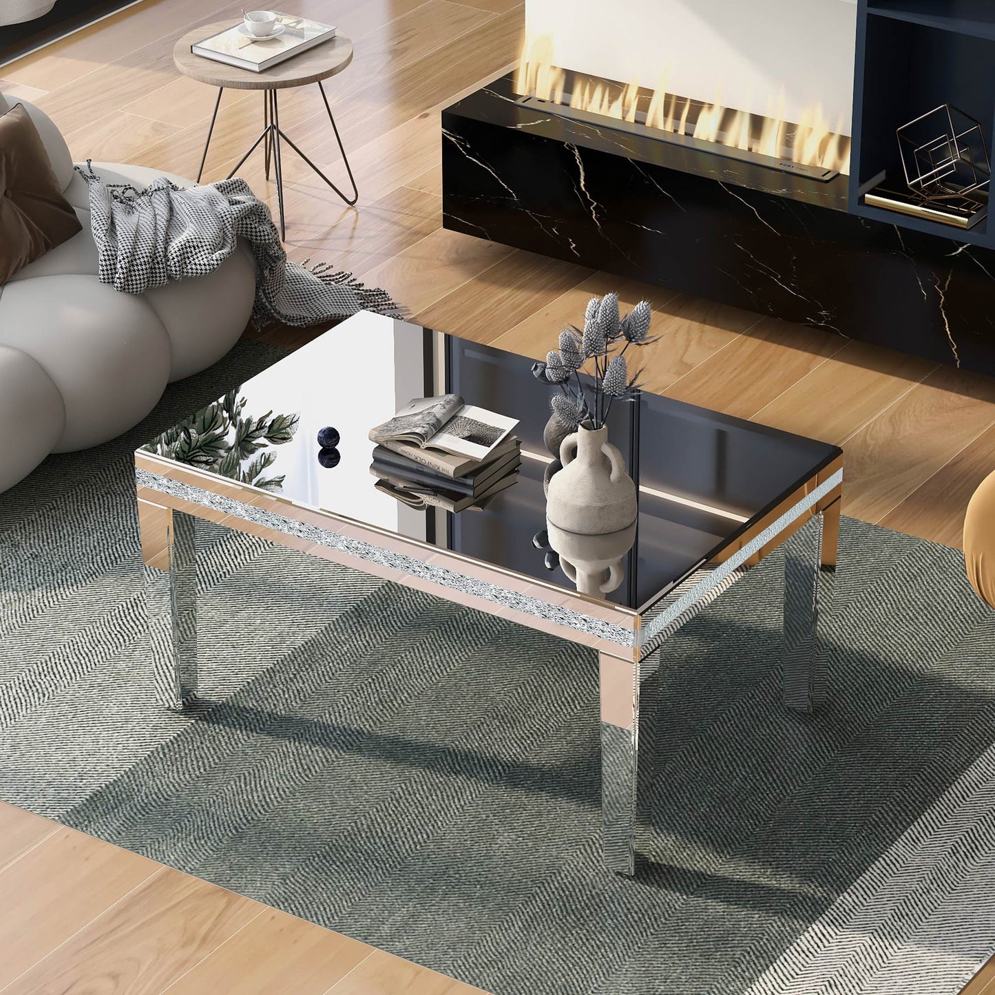ON-TRANS Modern Glass Mirrored Coffee Table with Adjustable Height