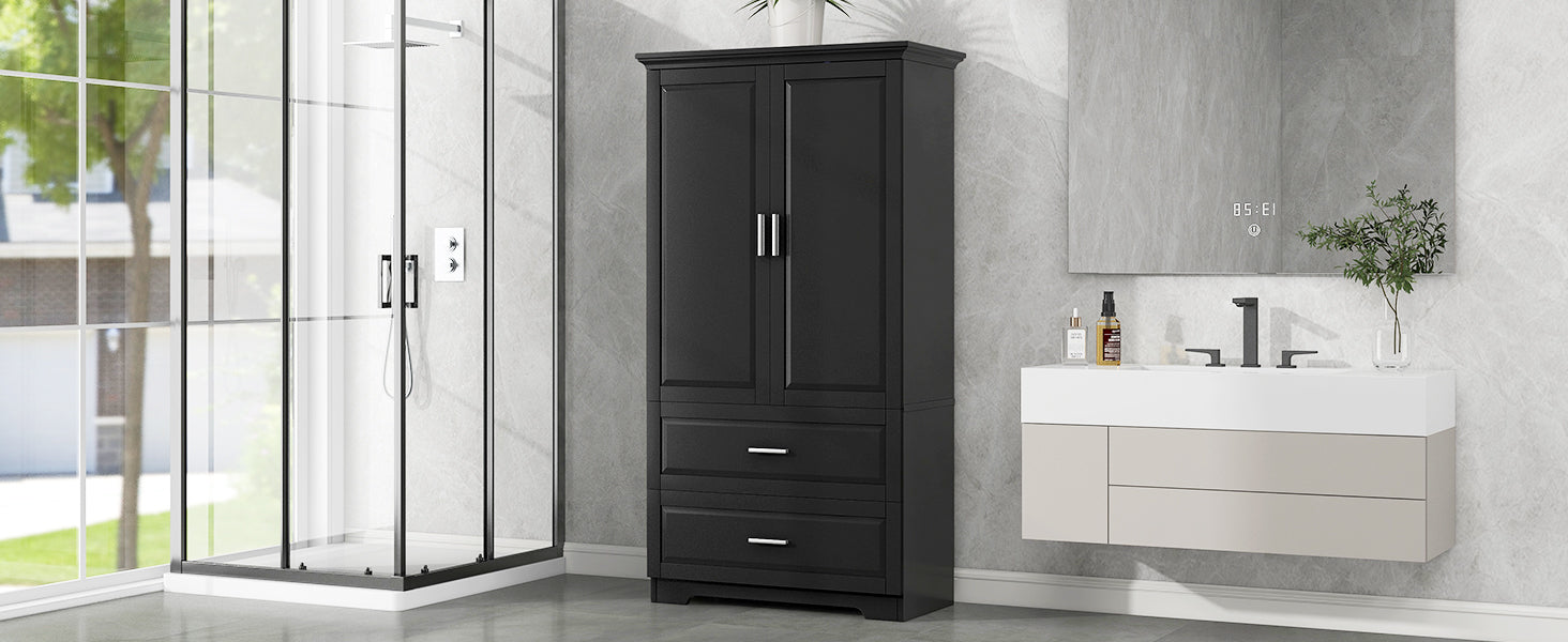Tall Bathroom Storage Cabinet, Cabinet with Two Doors and Drawers, Adjustable Shelf, MDF Board, Black - Korvel