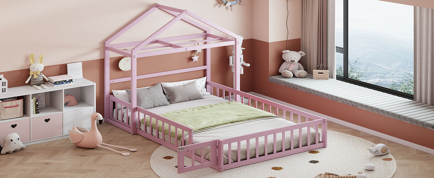 Wooden Full Size Children's Bed with Detachable Headboard and Integrated Clothes Drying Rack, Pink - Korvel