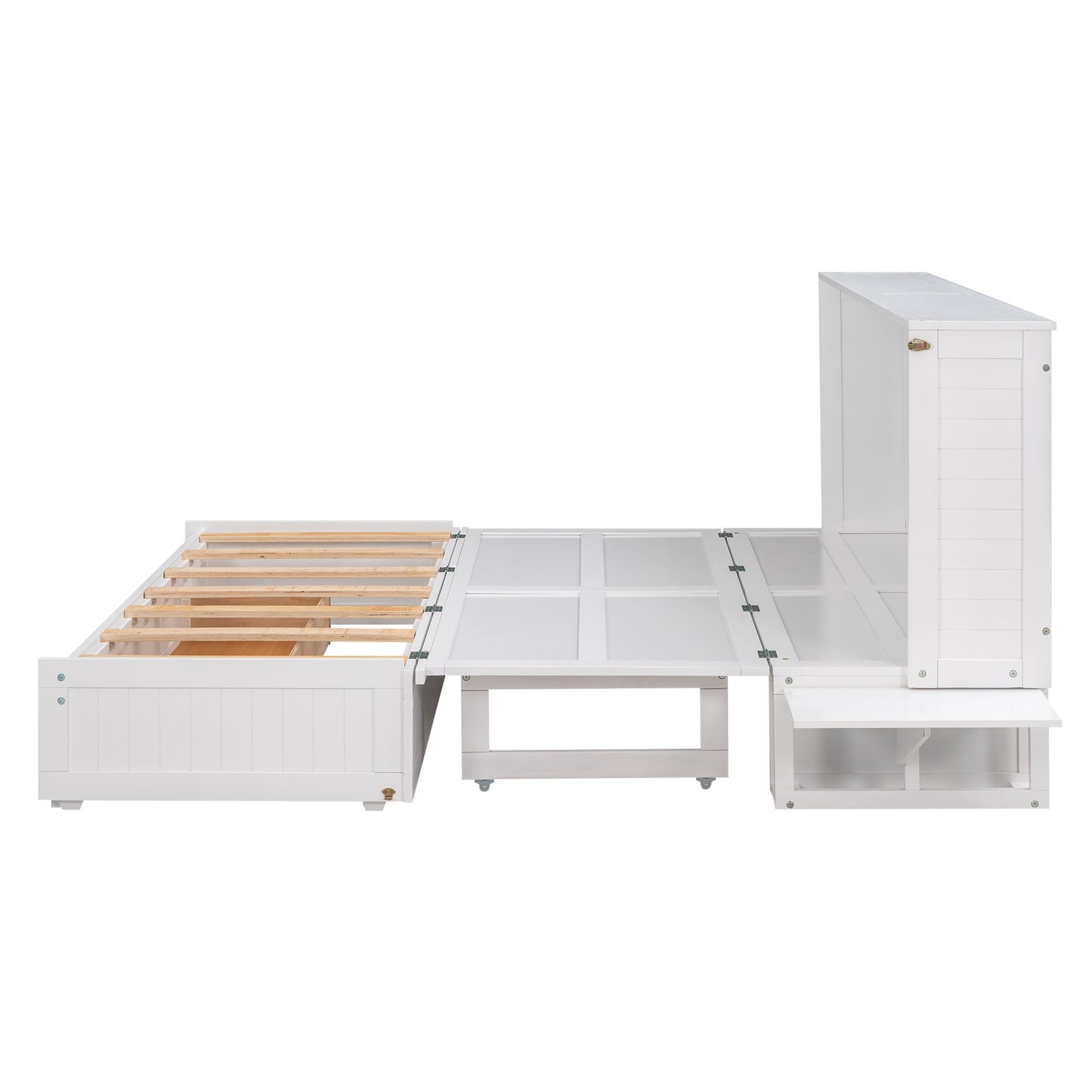 Queen Size Mobile Murphy Bed with Drawer and Little Shelves on Each Side White - Korvel