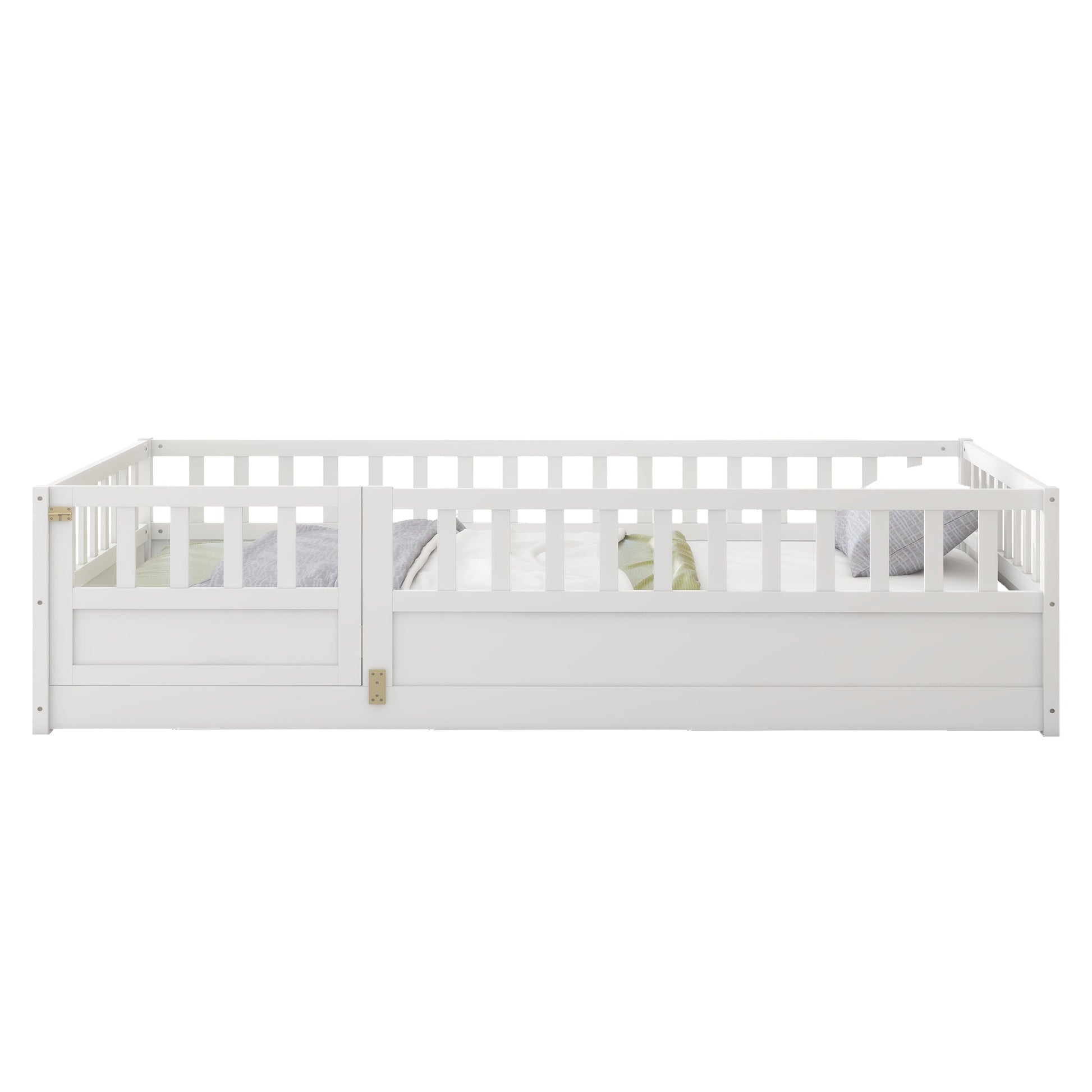 Double bed floor standing bed with ultra-high safety barrier, children's floor standing bed frame, Montessori wooden white - Korvel