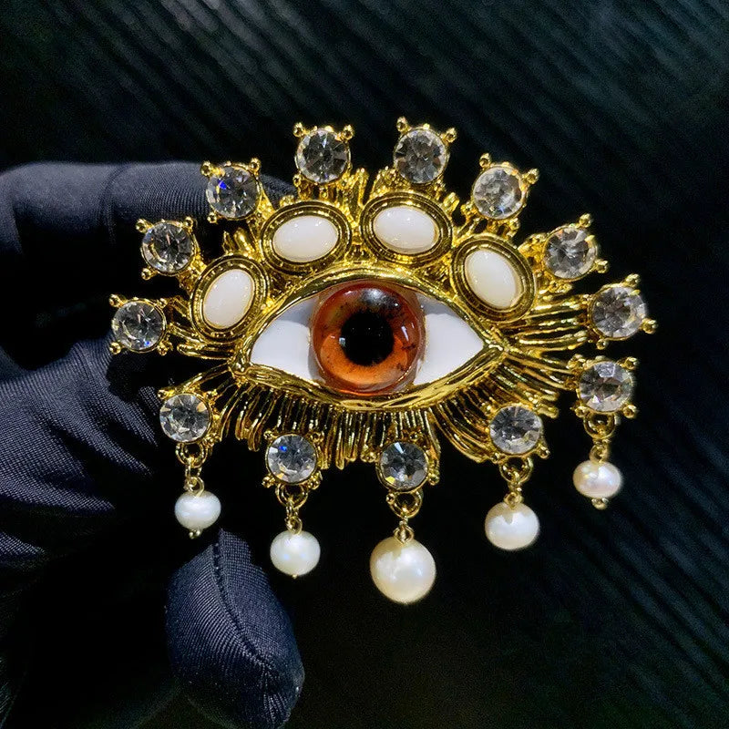 New Exaggerated Devil's Eye Brooch Baroque Pearl Tassel for Men Women Unisex Pin Jewelry European And American Vintage - Korvel