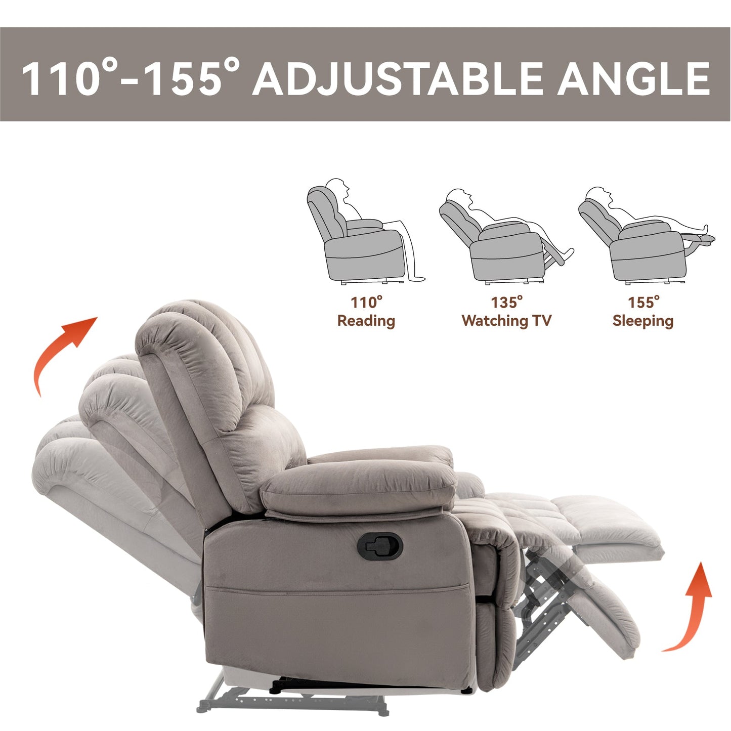 Large Manual Recliner Chair in Fabric for Living Room, Grey - Korvel