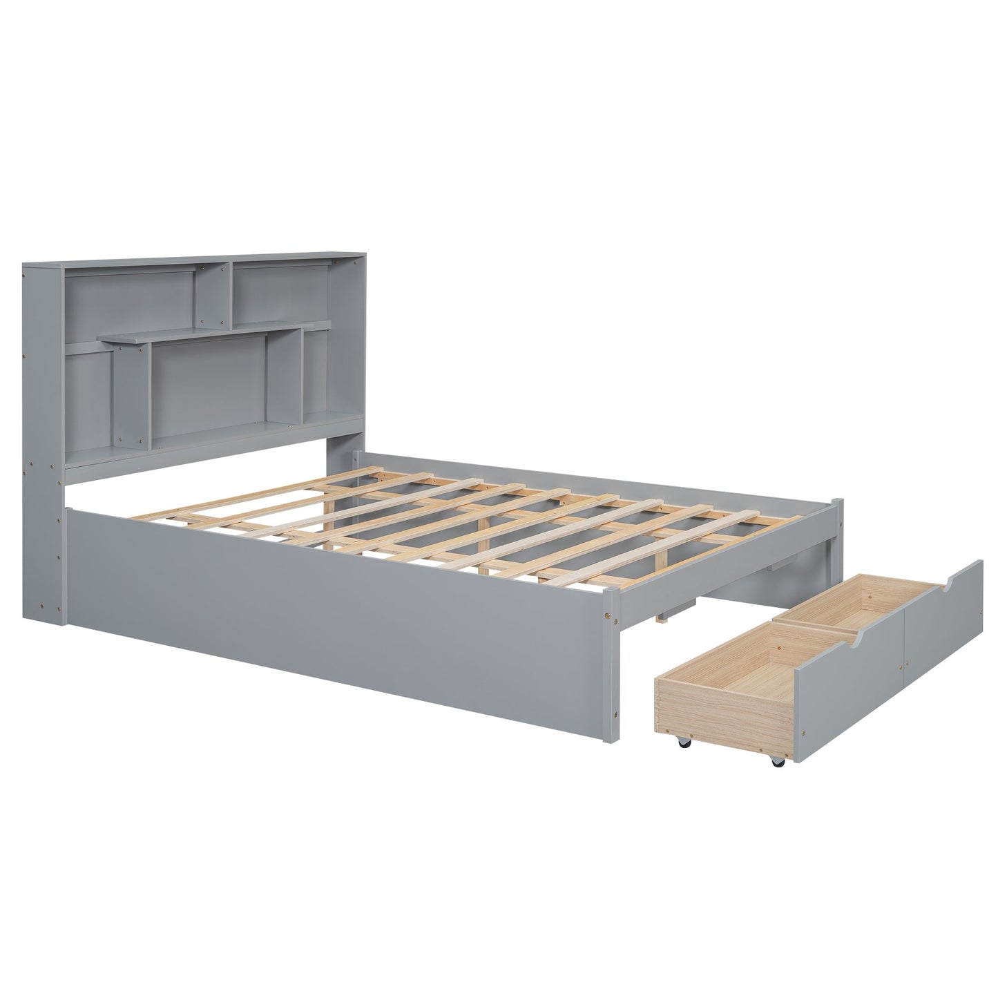 Elegant Queen Size Platform Bed with Storage Headboard, Gray