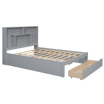Elegant Queen Size Platform Bed with Storage Headboard, Gray