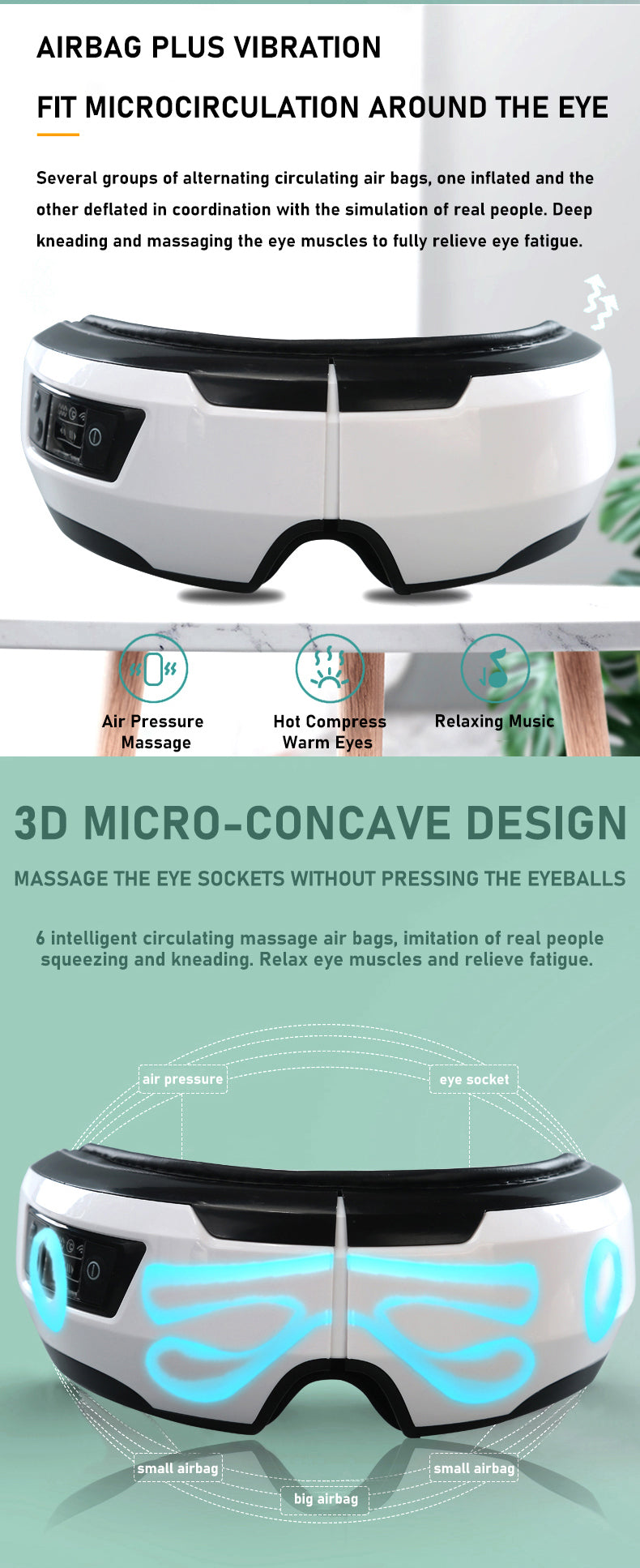 Eye Massager Vibration Therapy Air Pressure Heating Massage Relax Health Care Fatigue Stress Bluetooth Music Improve Vision - Korvel