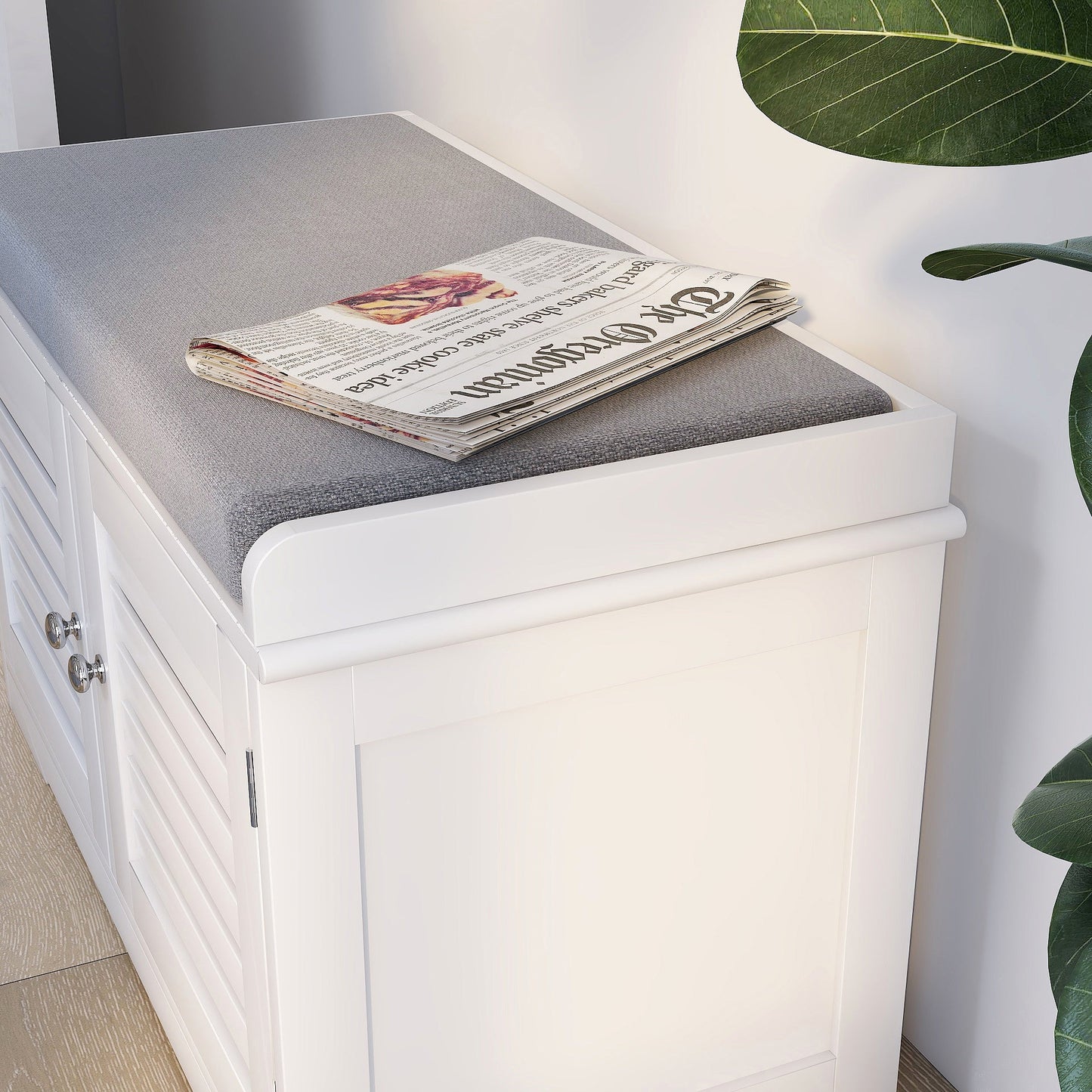 Elegant White Shoe Storage Bench with Padded Cushion