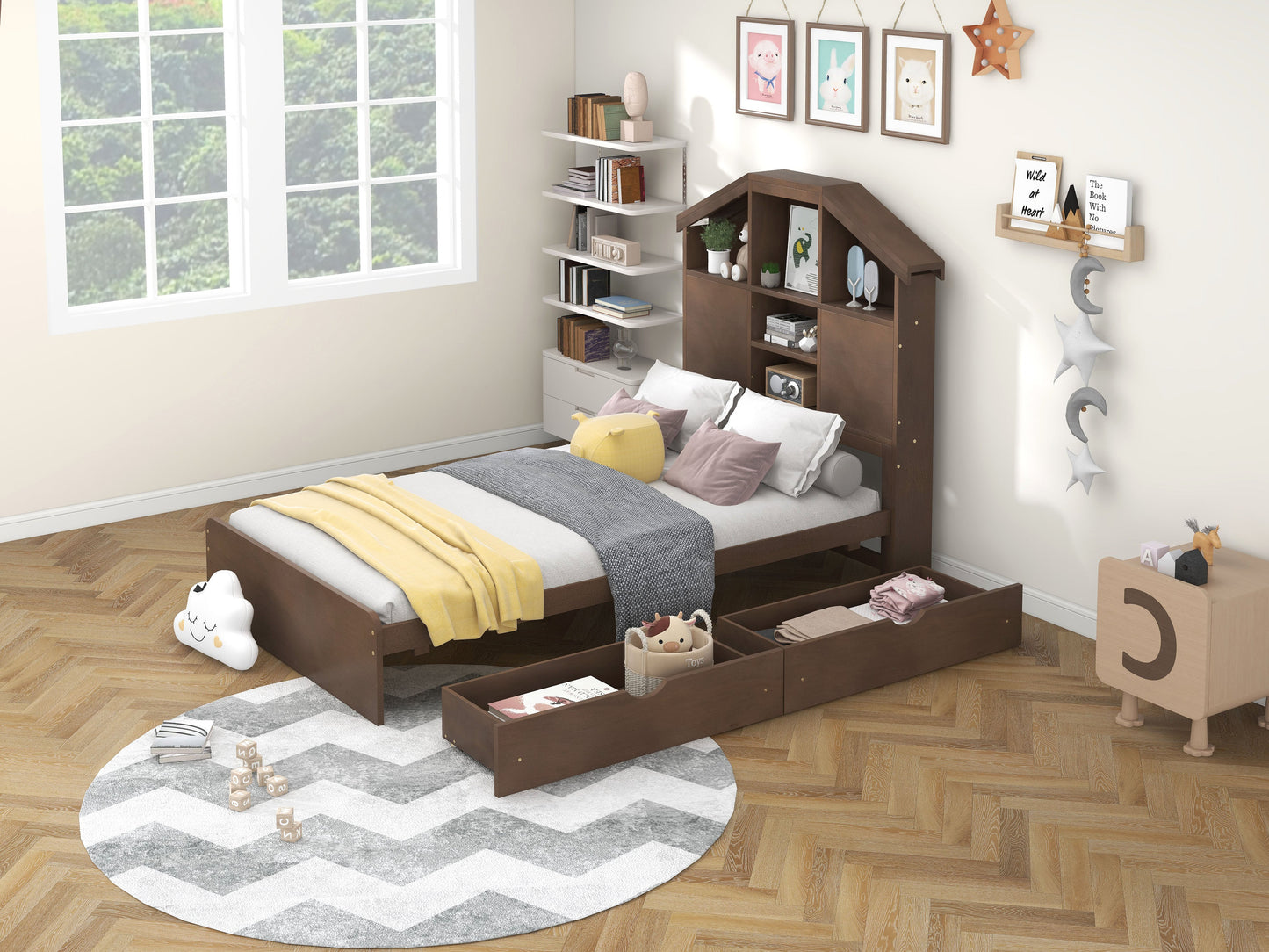 Twin Size Wood Platform Bed with House-shaped Storage Headboard and 2 Drawers Walnut - Korvel