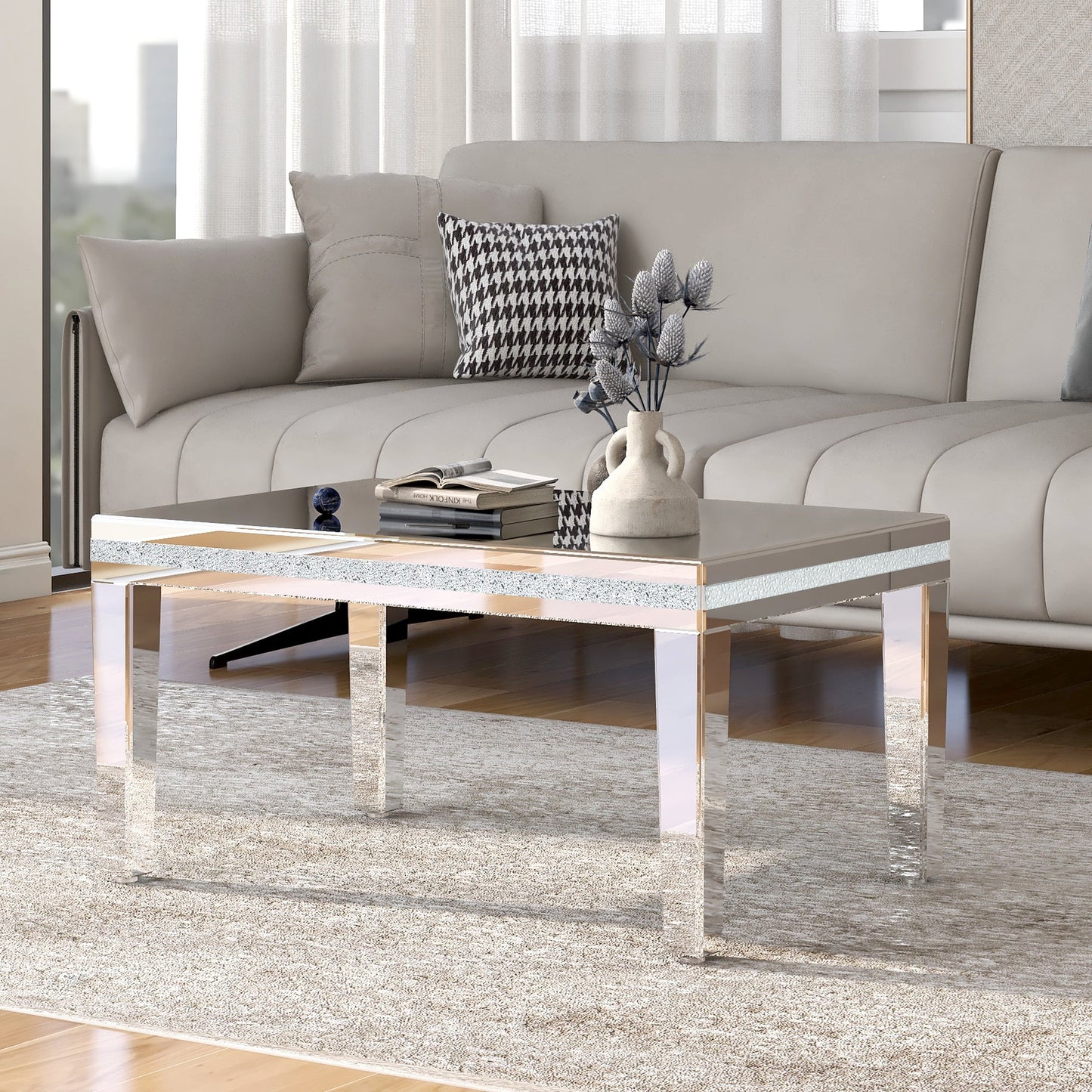 ON-TRANS Modern Glass Mirrored Coffee Table with Adjustable Height