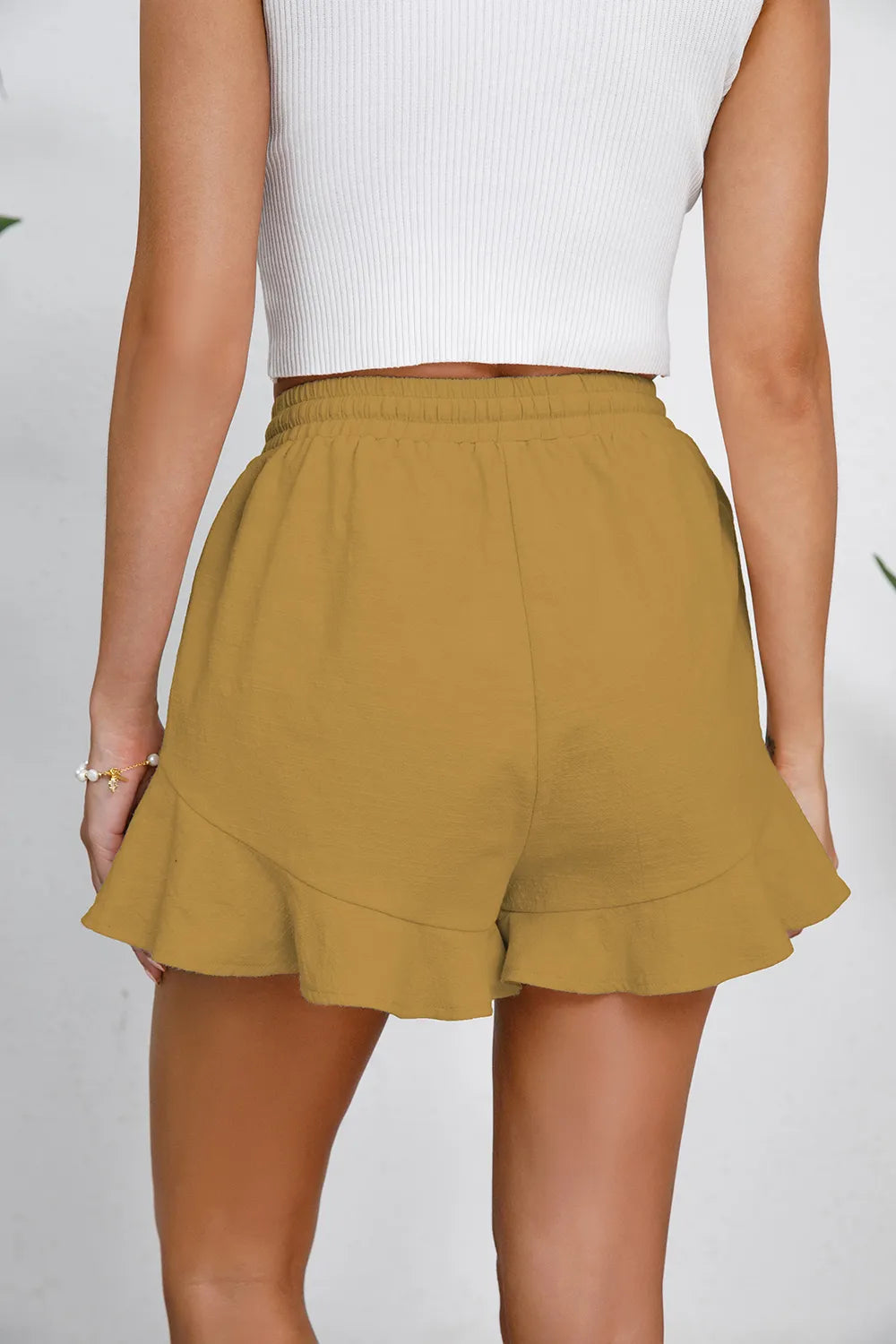 Women's cotton and linen shorts with ruffled edges and drawstring casual pants for women - Korvel