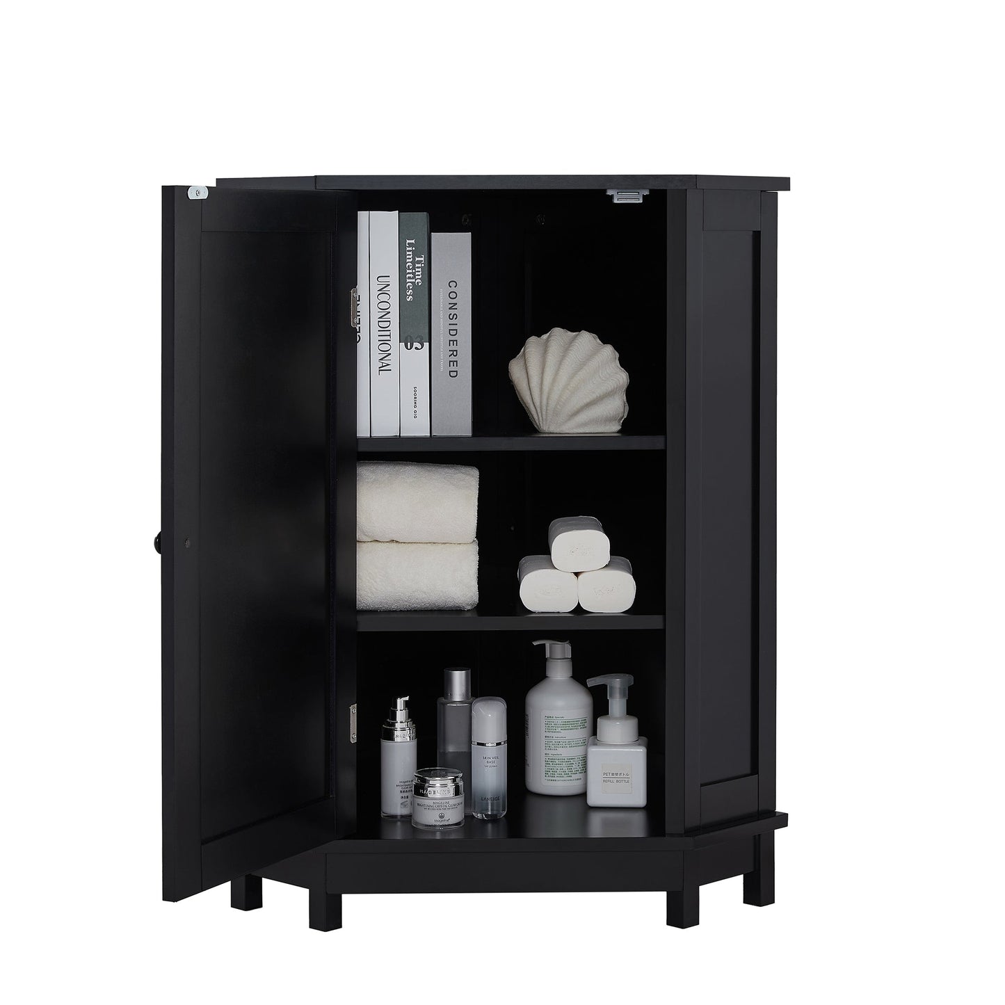 Black Bathroom Cabinet Triangle Corner Storage Cabinet with Adjustable Shelf Modern Style MDF Board - Korvel