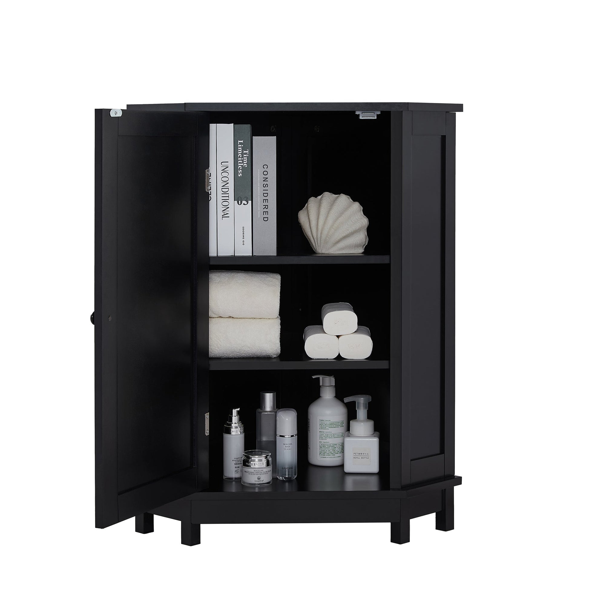 Black Bathroom Cabinet Triangle Corner Storage Cabinet with Adjustable Shelf Modern Style MDF Board - Korvel