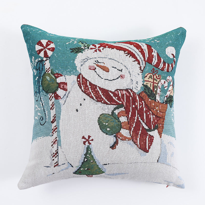 Housse de coussin de Noël tissée - Design d'élan et de bonhomme de neige