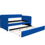 Blue padded twin beds with wheels, velvet fabric, no need for springs - Korvel
