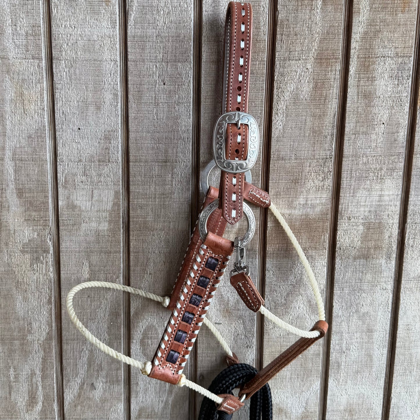 Halter en cuir deluxe avec nez en corde et franges