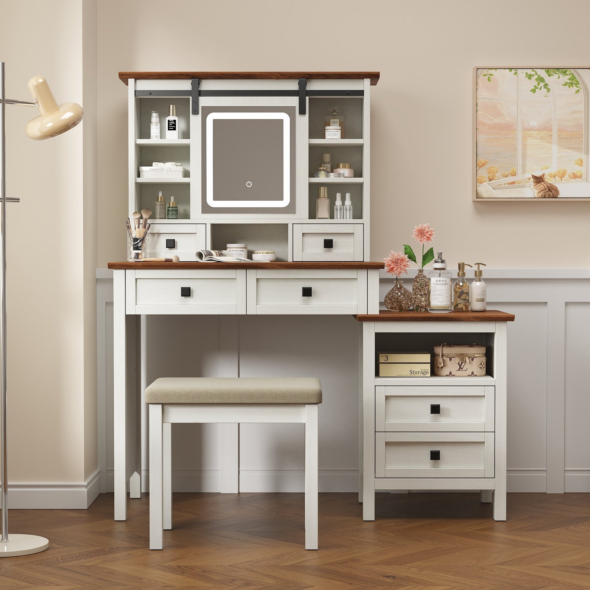 46.5-inch dressing table with adjustable LED lighting mirror and charging station, equipped with soft cushioned stool - Korvel