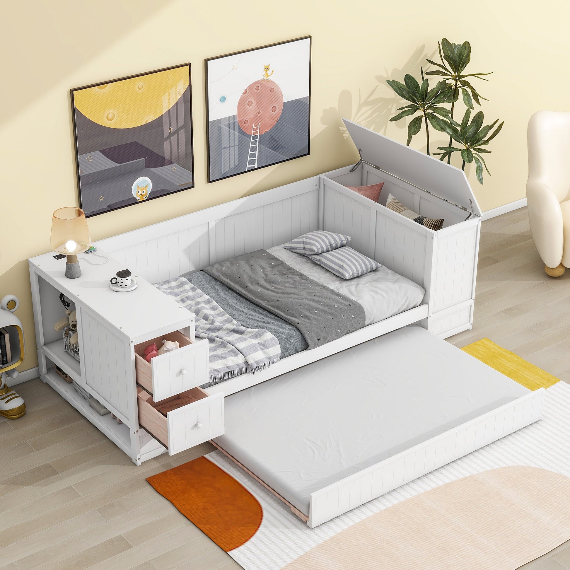 Twin Size Daybed with Storage Arms  Trundle and Charging Station White - Korvel