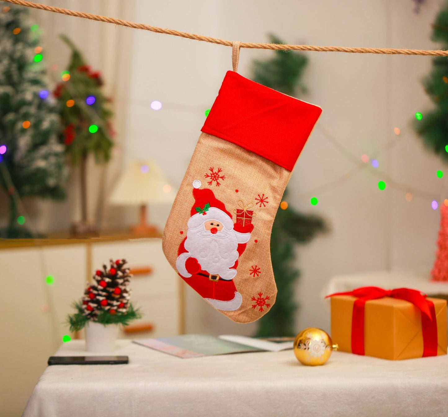 Christmas Decoration Linen Red Bordered Old Man Snowman Christmas Socks Christmas Gift Bag Candy Socks - Korvel
