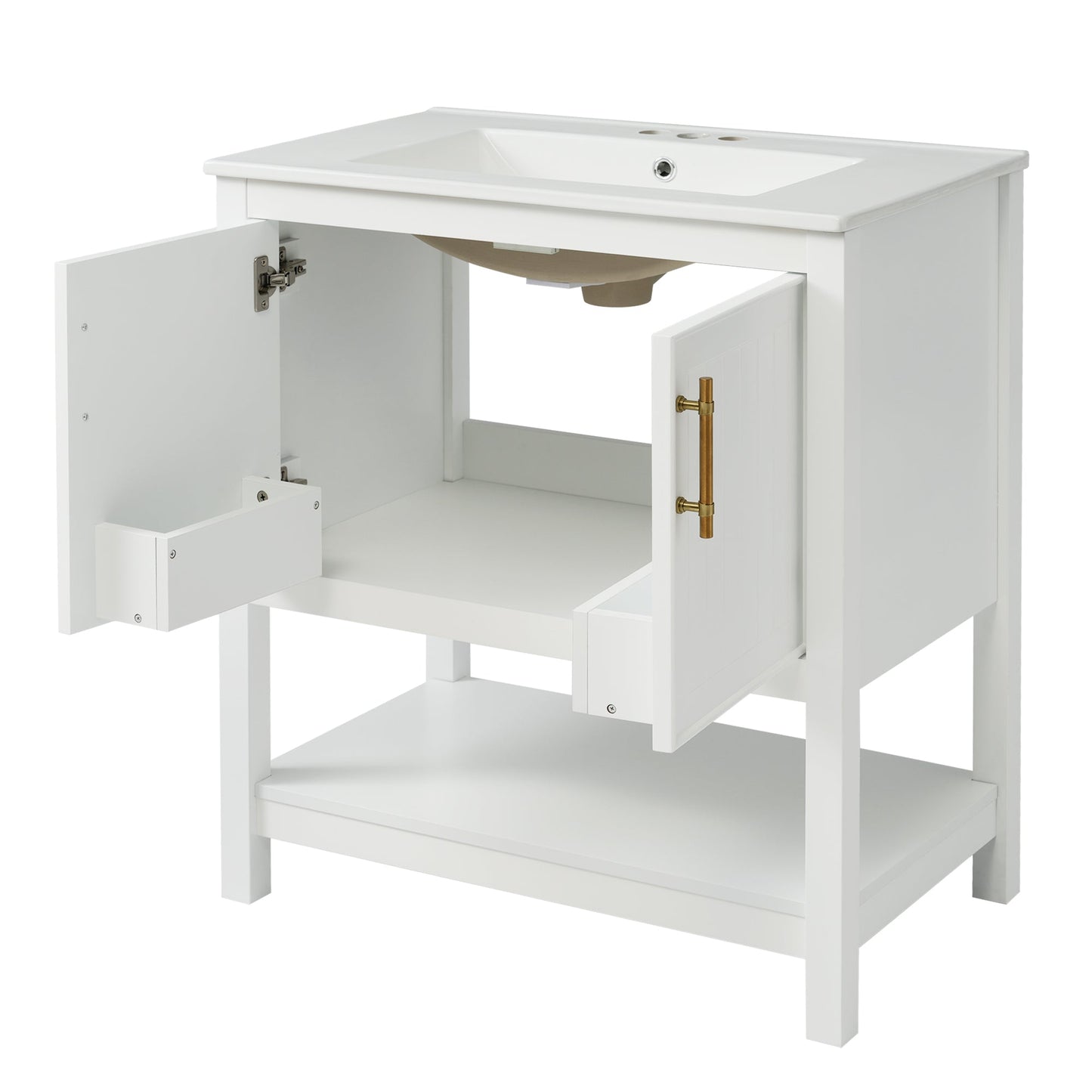30-Inch White Bathroom Vanity with Ceramic Sink and Versatile Storage - Ideal for Small Bathrooms - Korvel