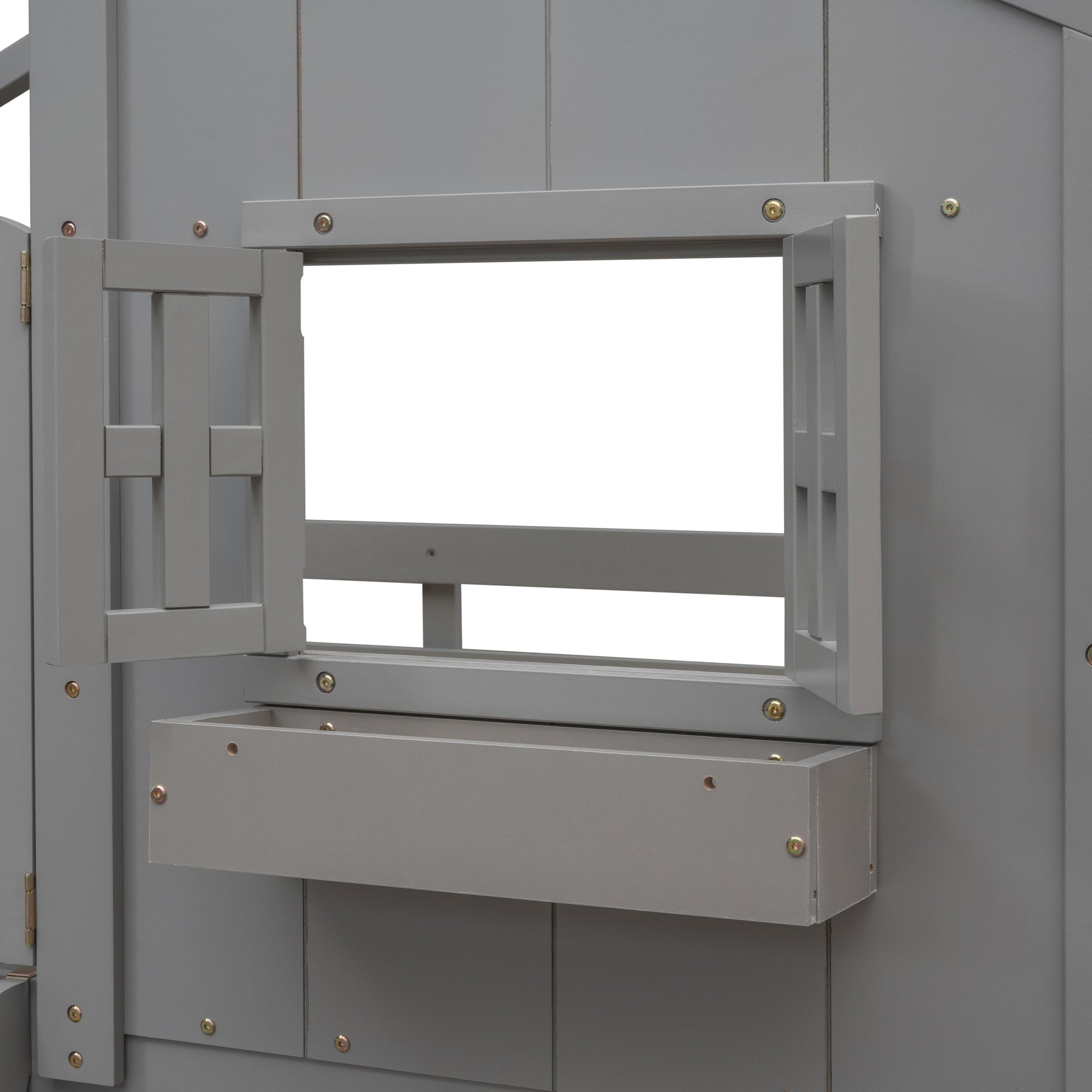 Twin over Twin House Bunk Bed with Roof , Window, Window Box, Door , with Safety Guardrails and Ladder, Grey - Korvel
