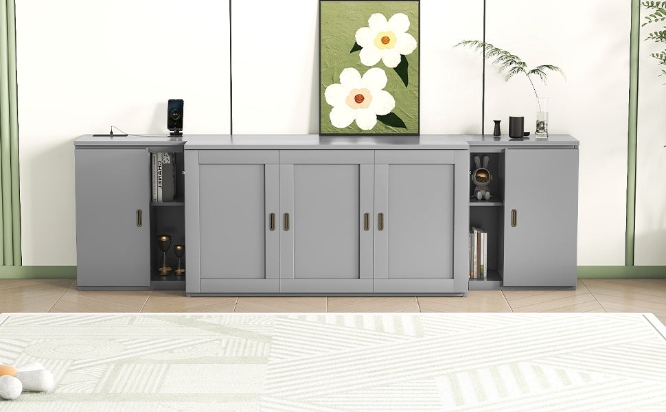 Queen Size Murphy Bed with Shelves, Cabinets and USB Ports,Gray - Korvel