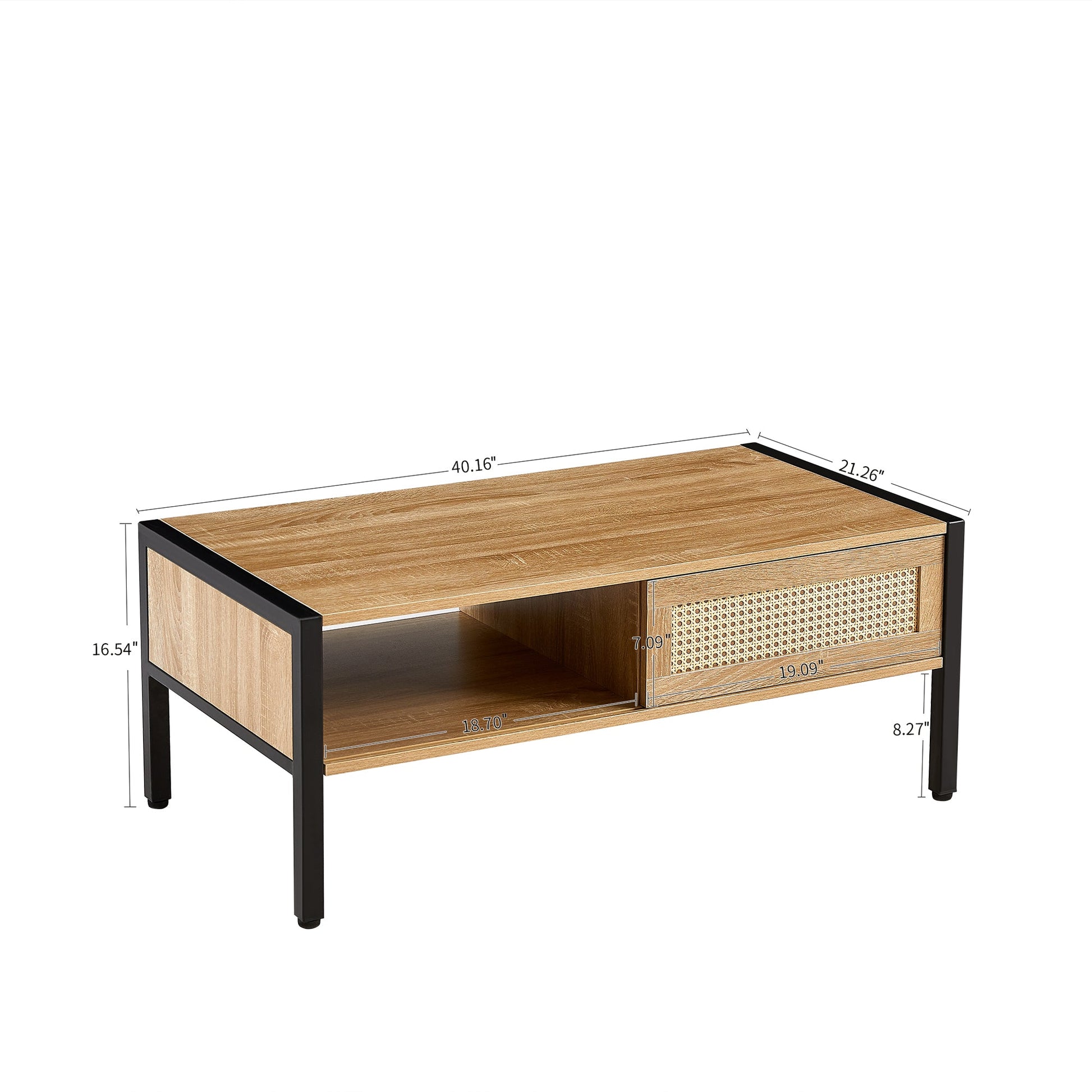 40.16" Rattan Coffee table, sliding door for storage, metal legs, Modern table for living room , natural - Korvel