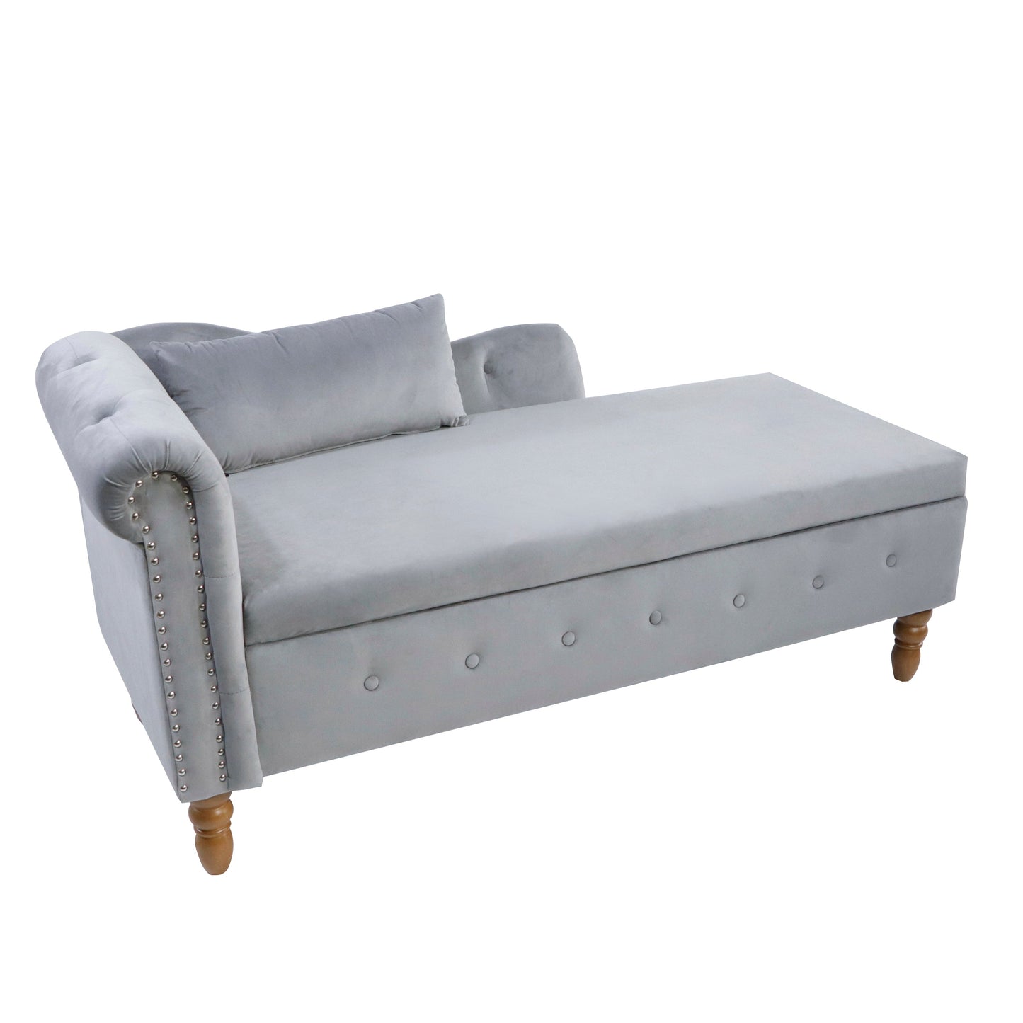Chaise longue en velours gris avec rangement et coussin