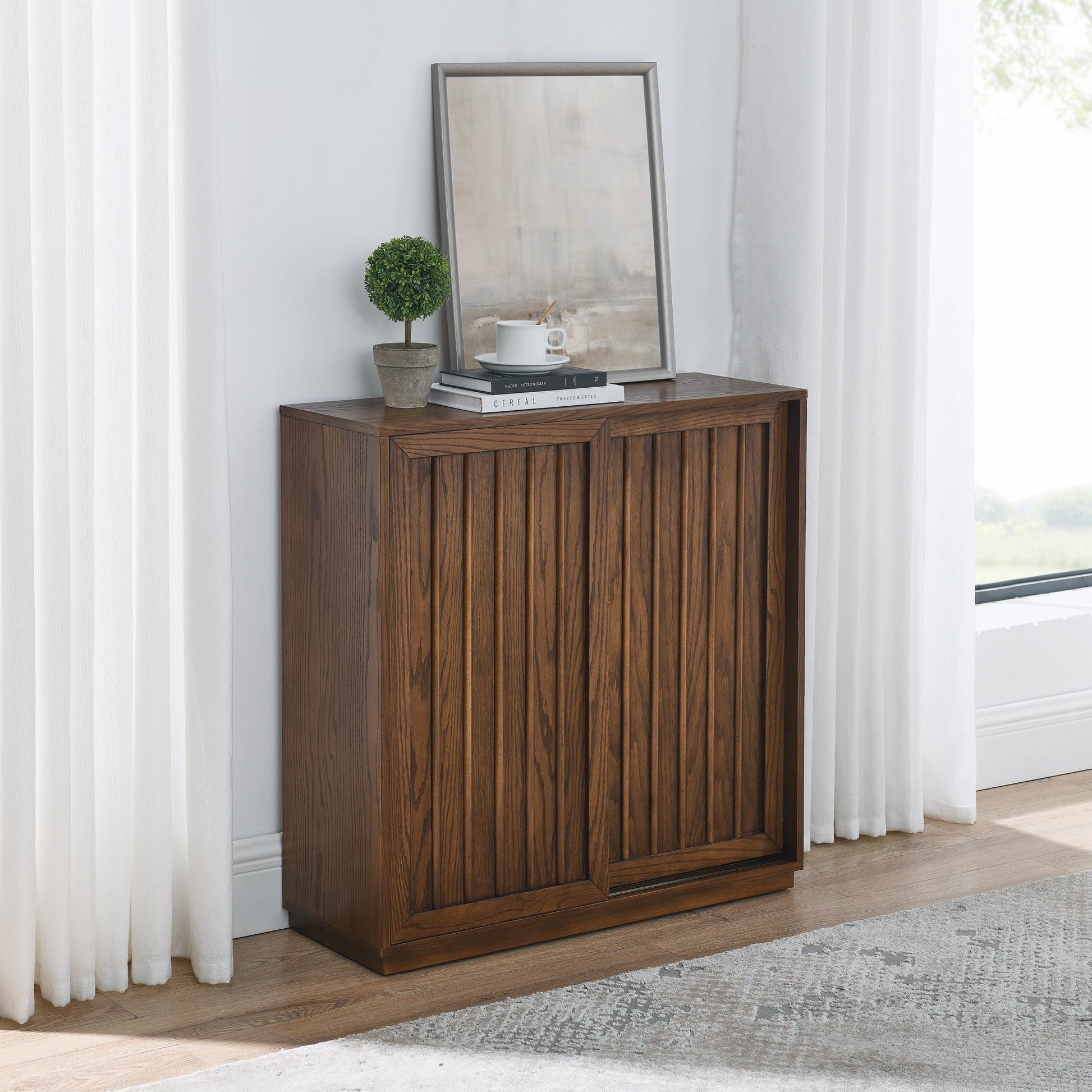 Medieval side panel with 2 sliding doors and solid wood decorative strips, storage cabinet - Korvel
