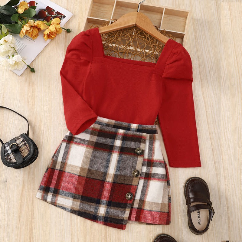 Red Long Sleeved Mid Autumn Children's Autumn Dress Tartan Suit - Korvel