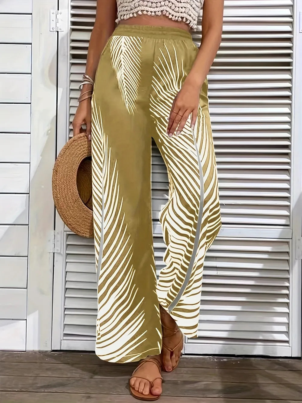 Elegant Striped Leaf Print Wide Leg Pants for Women