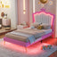 Twin Size Upholstered Bed Frame with LED Lights - Pink & White