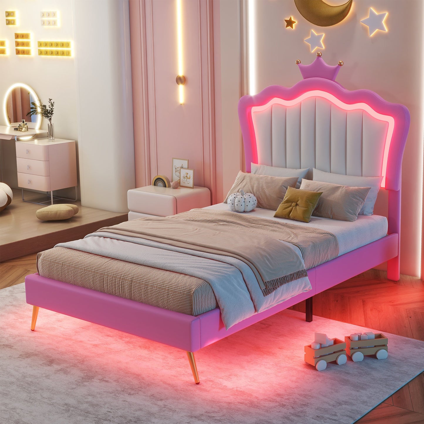 Twin Size Upholstered Bed Frame with LED Lights - Pink & White