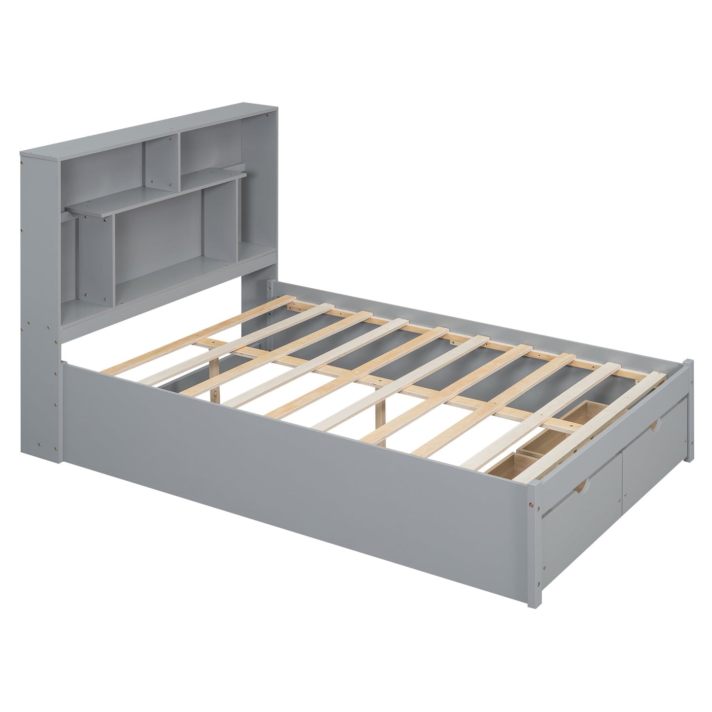 Full Size Platform Bed with Storage Headboard and 2 Drawers, Gray - Korvel