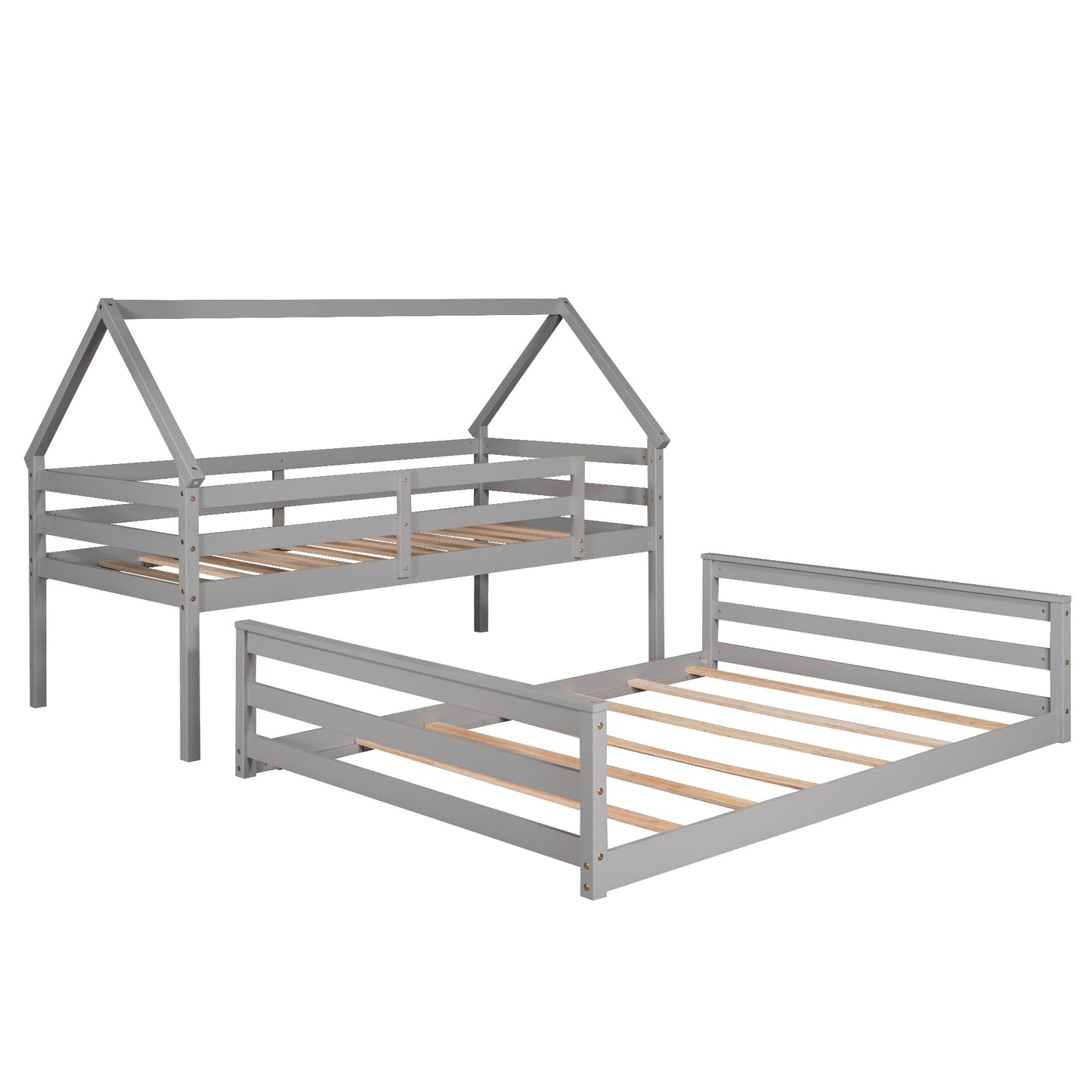 Twin over Full House Bunk Bed with Built-in Ladder Gray - Korvel