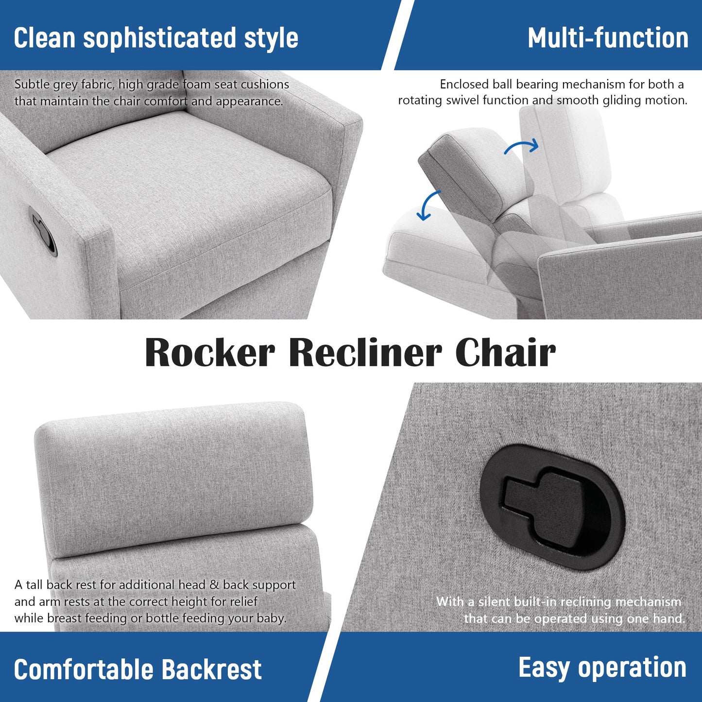 Chaise à bascule rembourrée moderne pour nursery - Gris