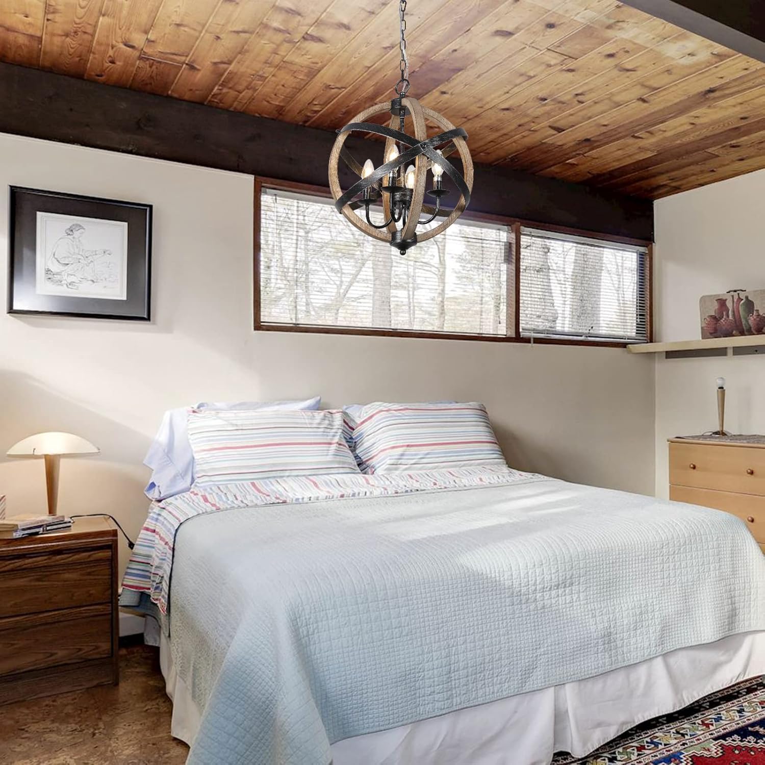 Farmhouse Chandelier Light Fixtures 4-Light Dining Room Light Fixtures Height Adjustable Rustic Wood Light - Korvel