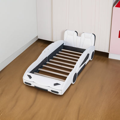 Twin Size Race Car Platform Bed with Wheels - White