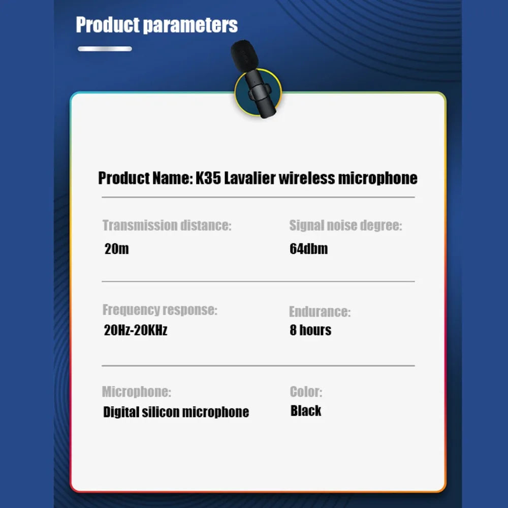 Wireless K35 Lavalier Lapel Microphone Omnidirectional Bluetooth 5.3 K35 Condenser Mic Noise Reduction Professional - Korvel