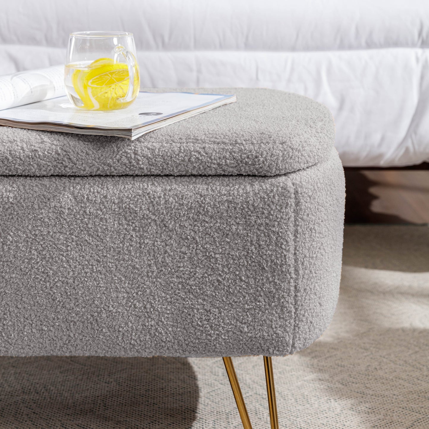 Grey Storage Ottoman Bench for End of Bed Gold Legs Modern Grey Faux Fur Entryway Bench - Korvel