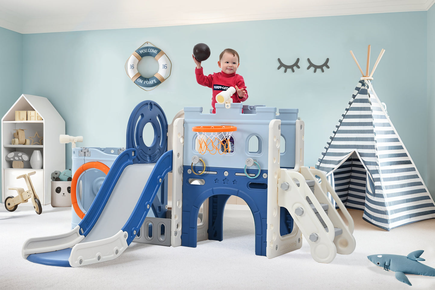 Toddler Pirate Ship Slide Set with Basketball Hoop