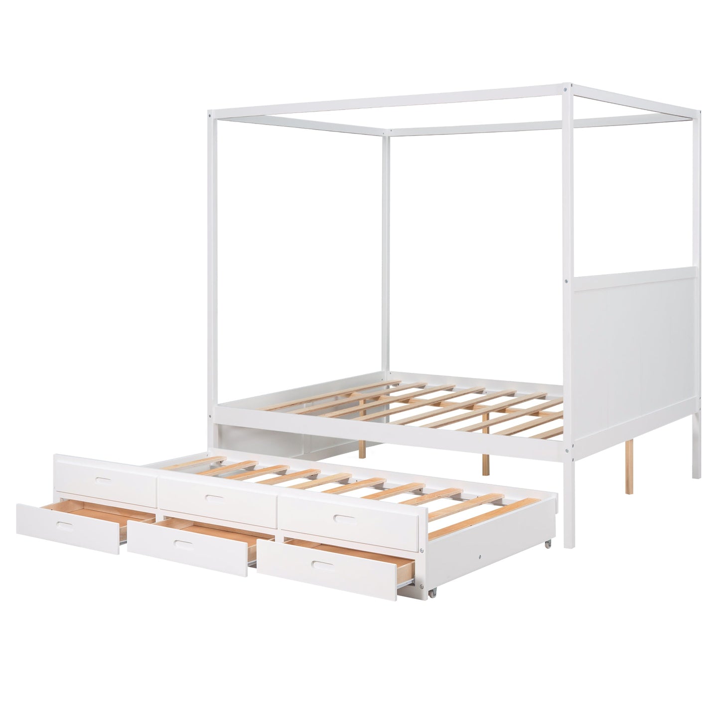 Elegant Queen Size Canopy Platform Bed with Trundle & Storage