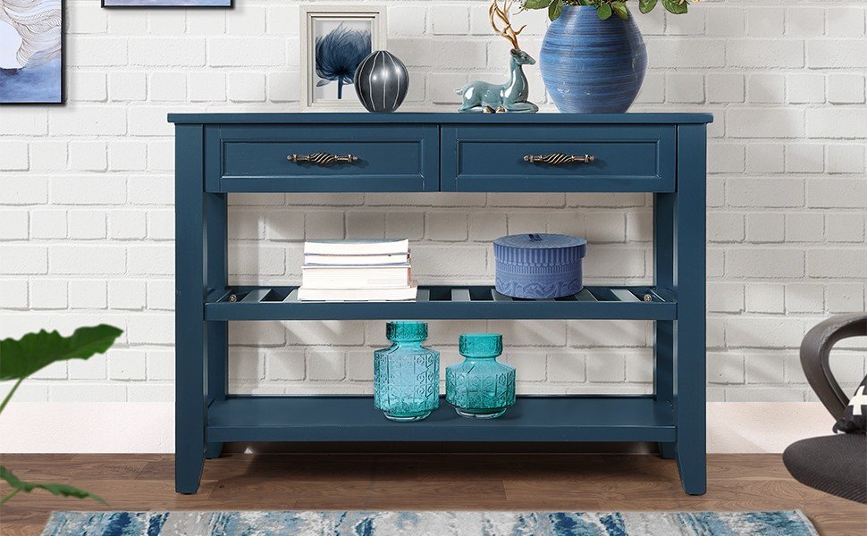 Mesa Consola Sofá de Estilo Mid-Century con Cajones de Almacenamiento - Azul Marino