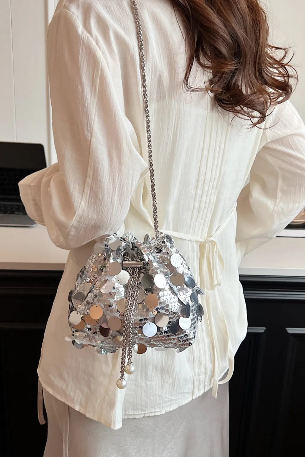 Drawstring Sequin Crossbody Bag - Korvel