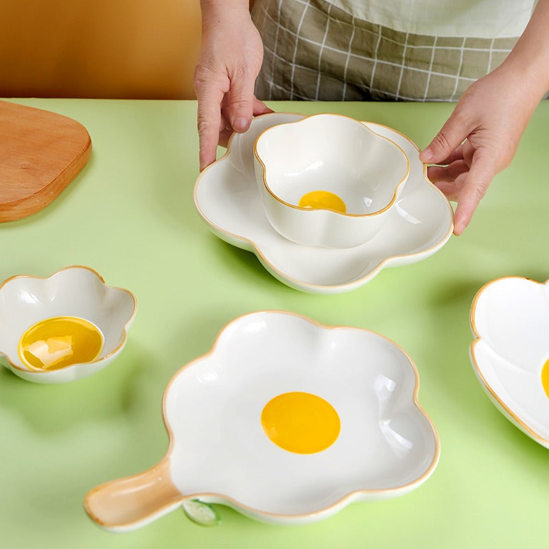 Creative Sun Egg Ceramic Bowl and Dish Set Cute Rice Bowl, Plate, Handle, Plate, Tableware, Home Breakfast Soup Plate - Korvel