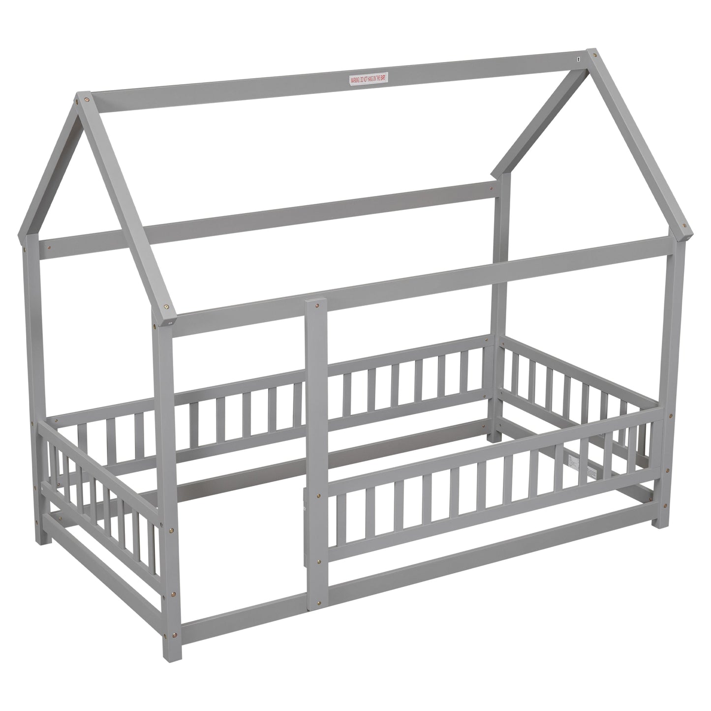 Twin Size Floor Wooden Bed with House Roof Frame, Fence Guardrails,Grey - Korvel