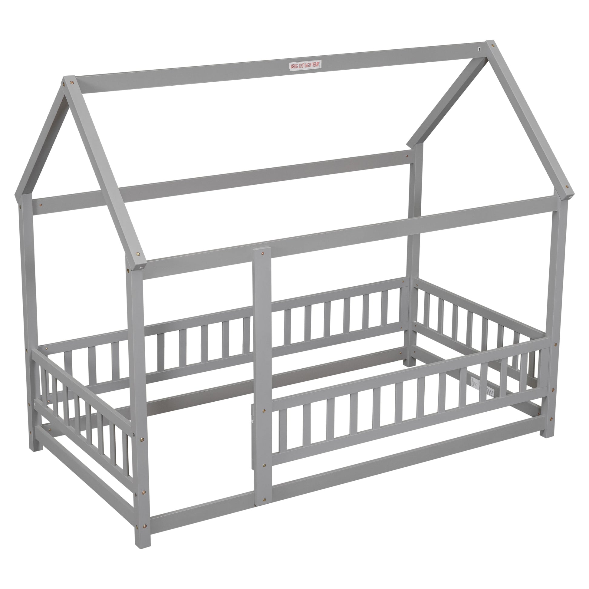 Twin Size Floor Wooden Bed with House Roof Frame, Fence Guardrails,Grey - Korvel