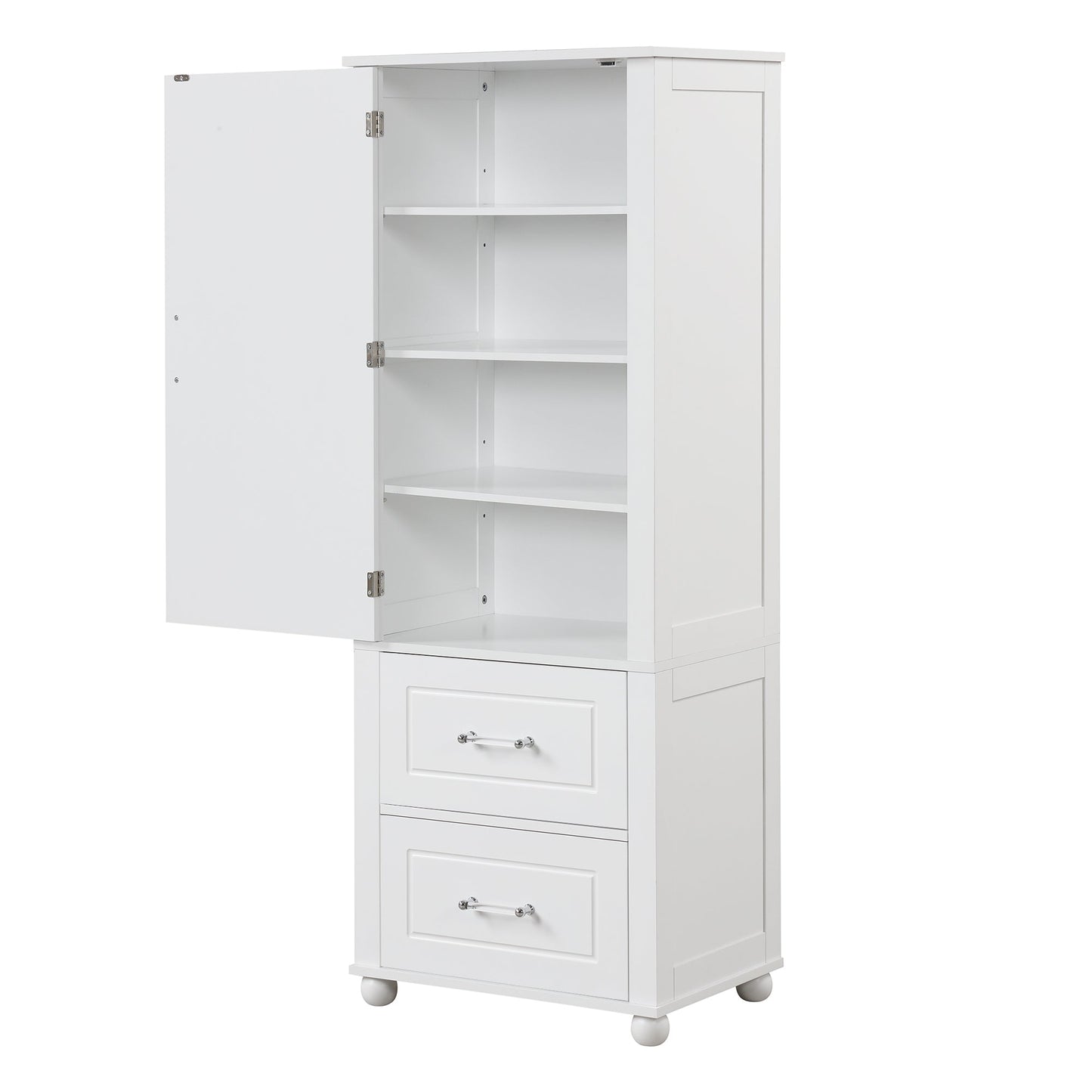 Tall bathroom storage cabinet with two drawers and adjustable shelves for independent storage - Korvel